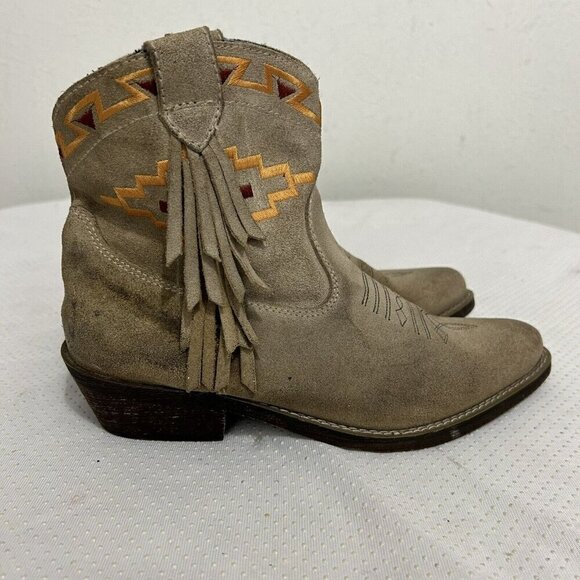 Dingo Southwest Embroidered Fringed Tan Leather Western Ankle Booties Boots Sz 6 - Picture 3 of 9